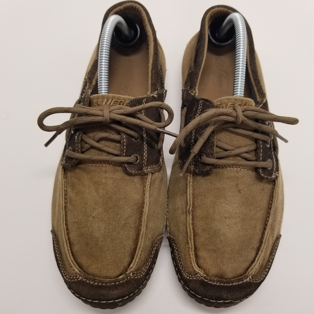 Sketchers Mens Size 10.5 Tan/Brown Textile Canvas Upper Loafer Lace Up Slip On